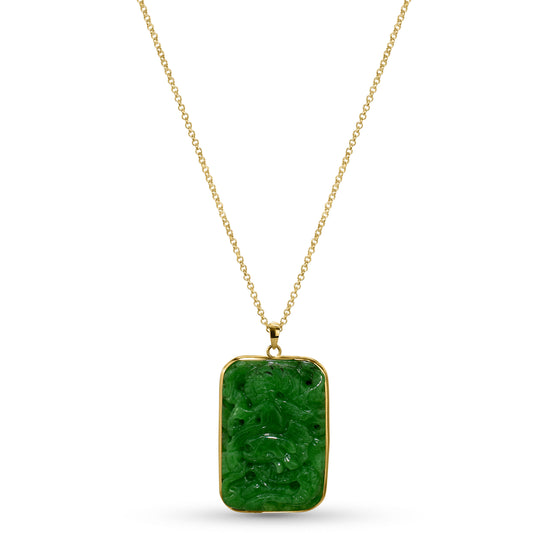 14K Green Jade Carved Dragon Pendant Necklace 17"