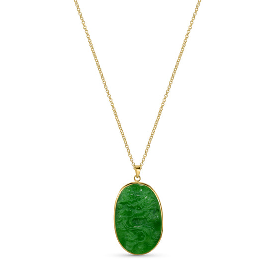 14k Green Jade Carved Dragon Oval Pendant Necklace 17"