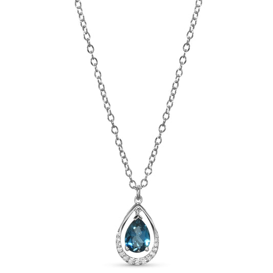 14k White Gold London Blue Topaz Diamond Pear Shape Pendant Necklace