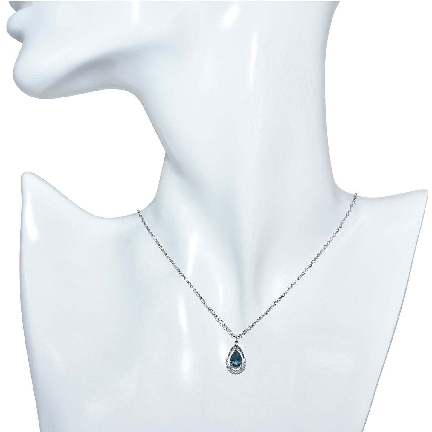 14k White Gold London Blue Topaz Diamond Pear Shape Pendant Necklace