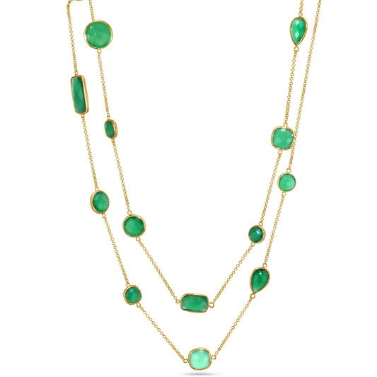 14KY Green Onyx Mixed Shape Bezel Necklace 36"