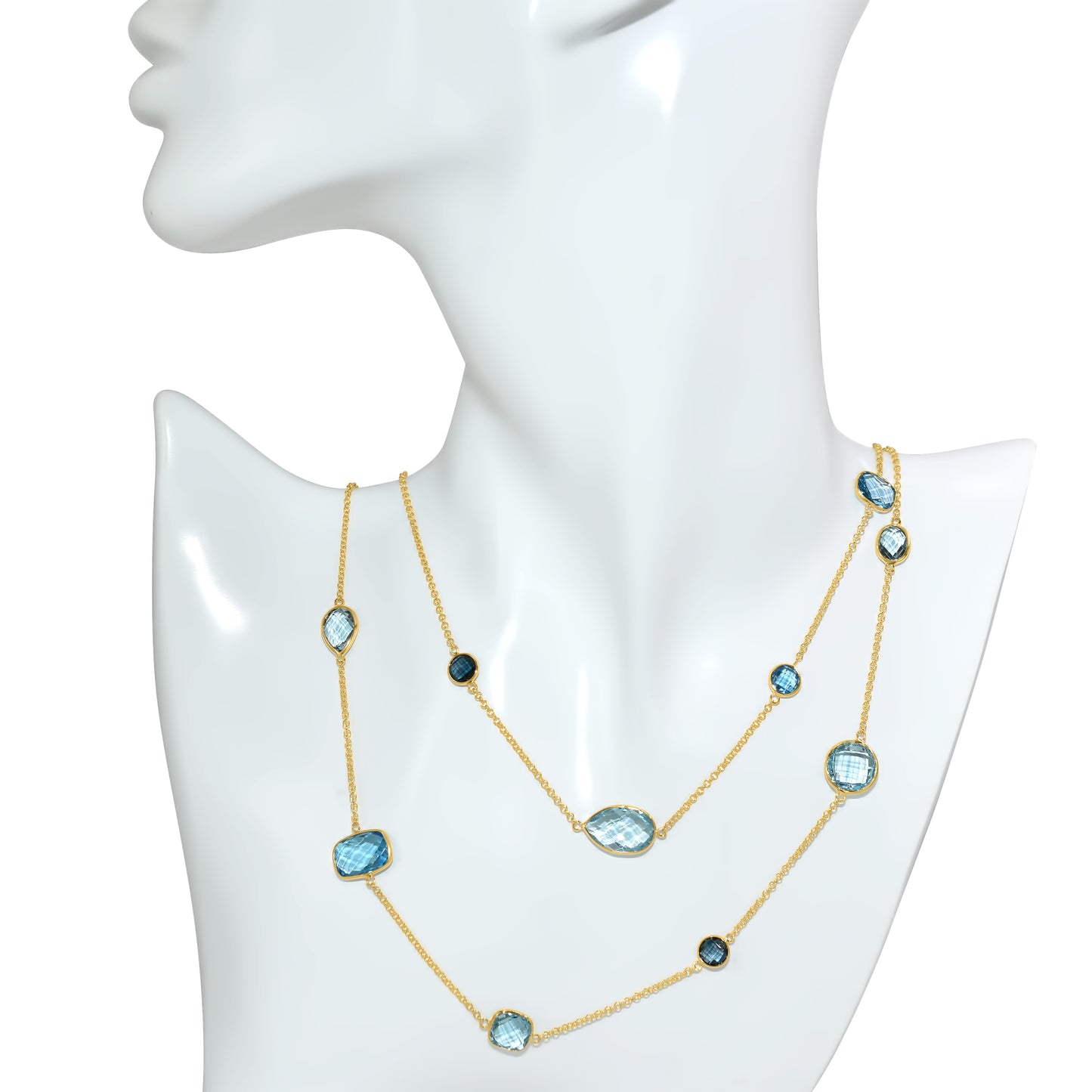 14k Blue Topaz Mixed Shape 15 Bezel Necklace