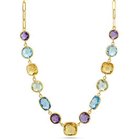 14k Yellow Gold Multi Gemstone Paperclip Necklace