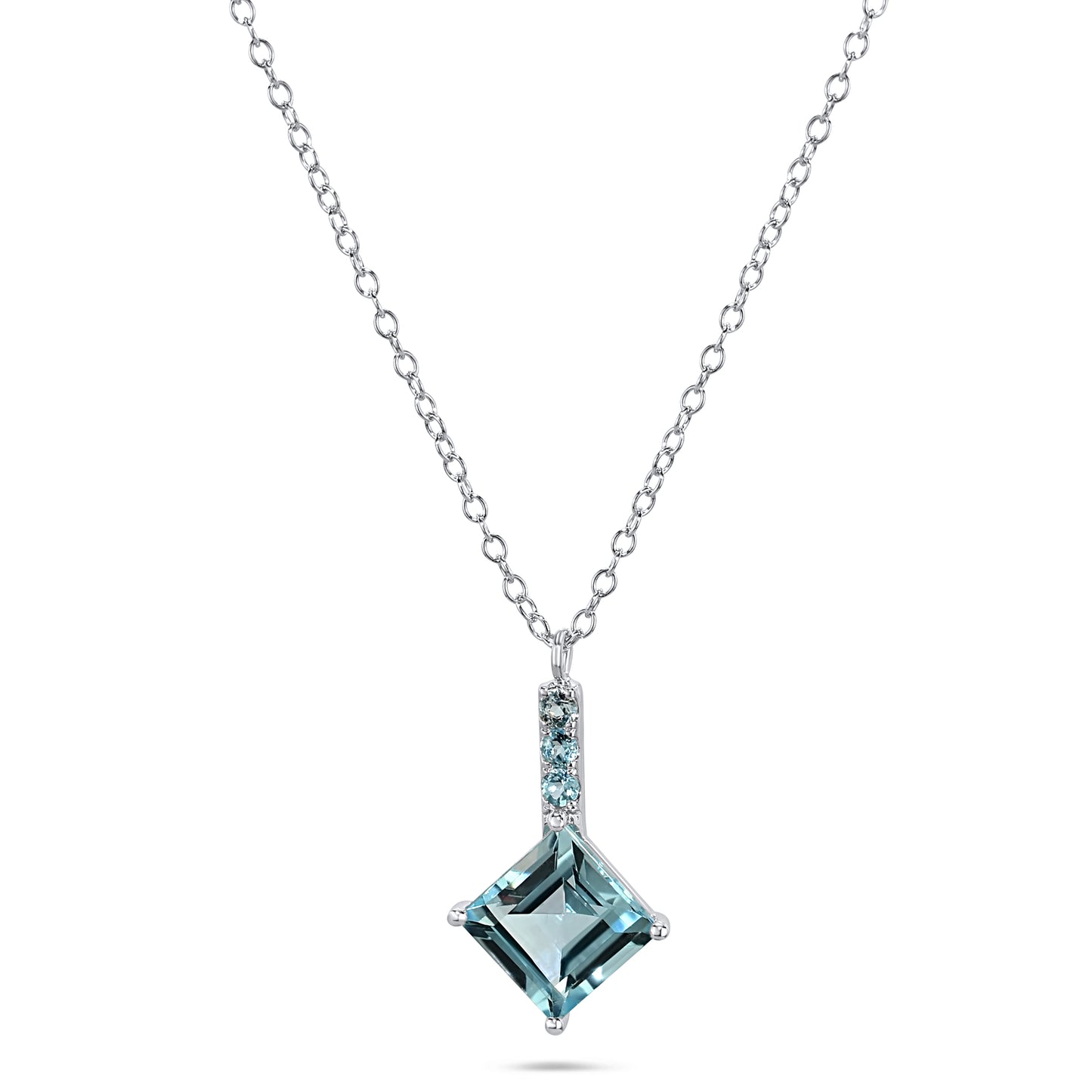 14k White Gold Blue Topaz Square Bar Pendant Necklace