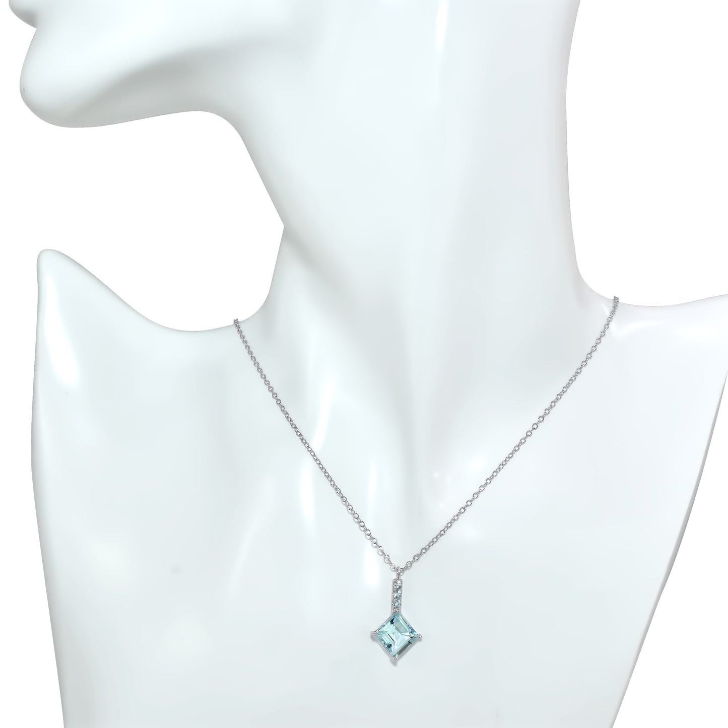 14k White Gold Blue Topaz Square Bar Pendant Necklace