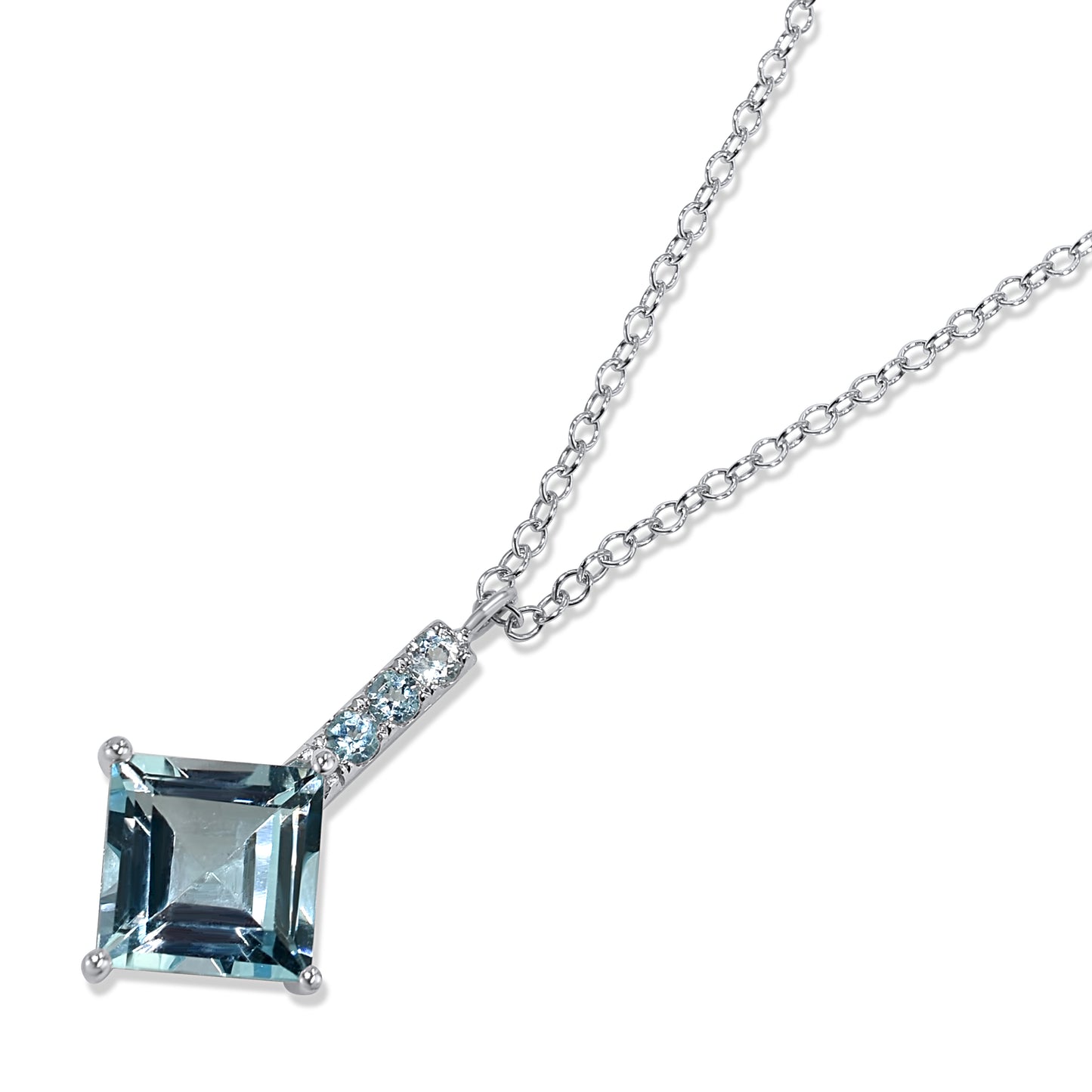 14k White Gold Blue Topaz Square Bar Pendant Necklace