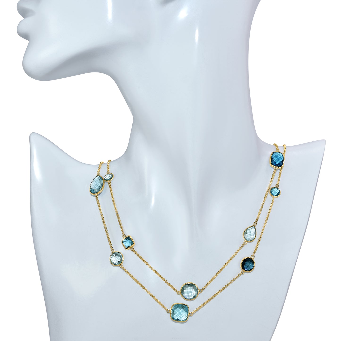 14k Blue Topaz Mixed Shape 15 Bezel Necklace