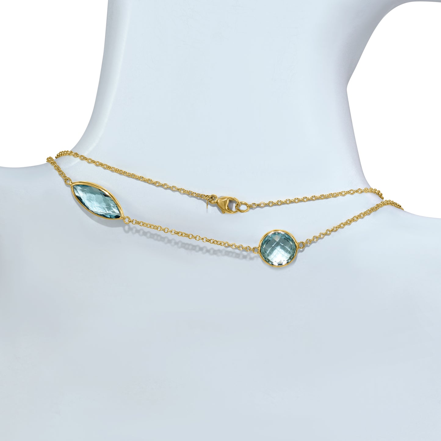 14k Blue Topaz Mixed Shape 15 Bezel Necklace