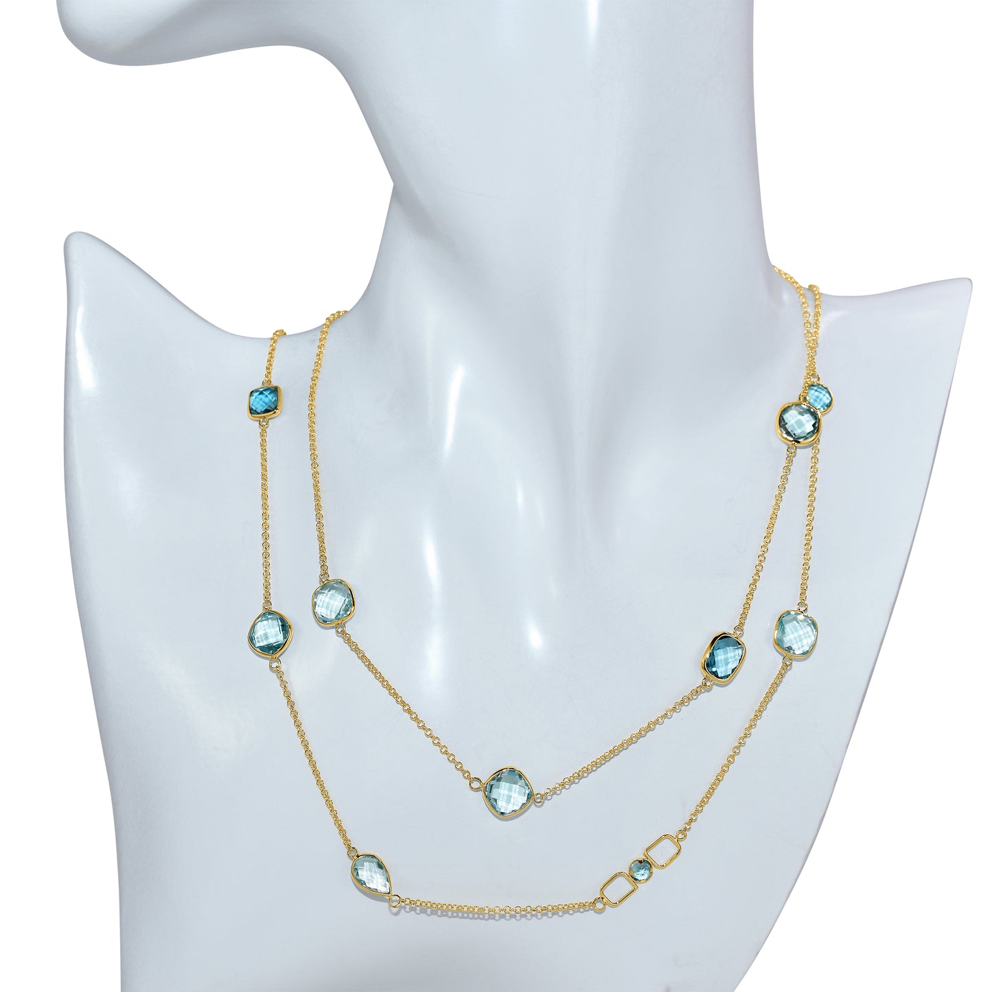 14k Blue Topaz Mixed Shape Bezel Station Necklace