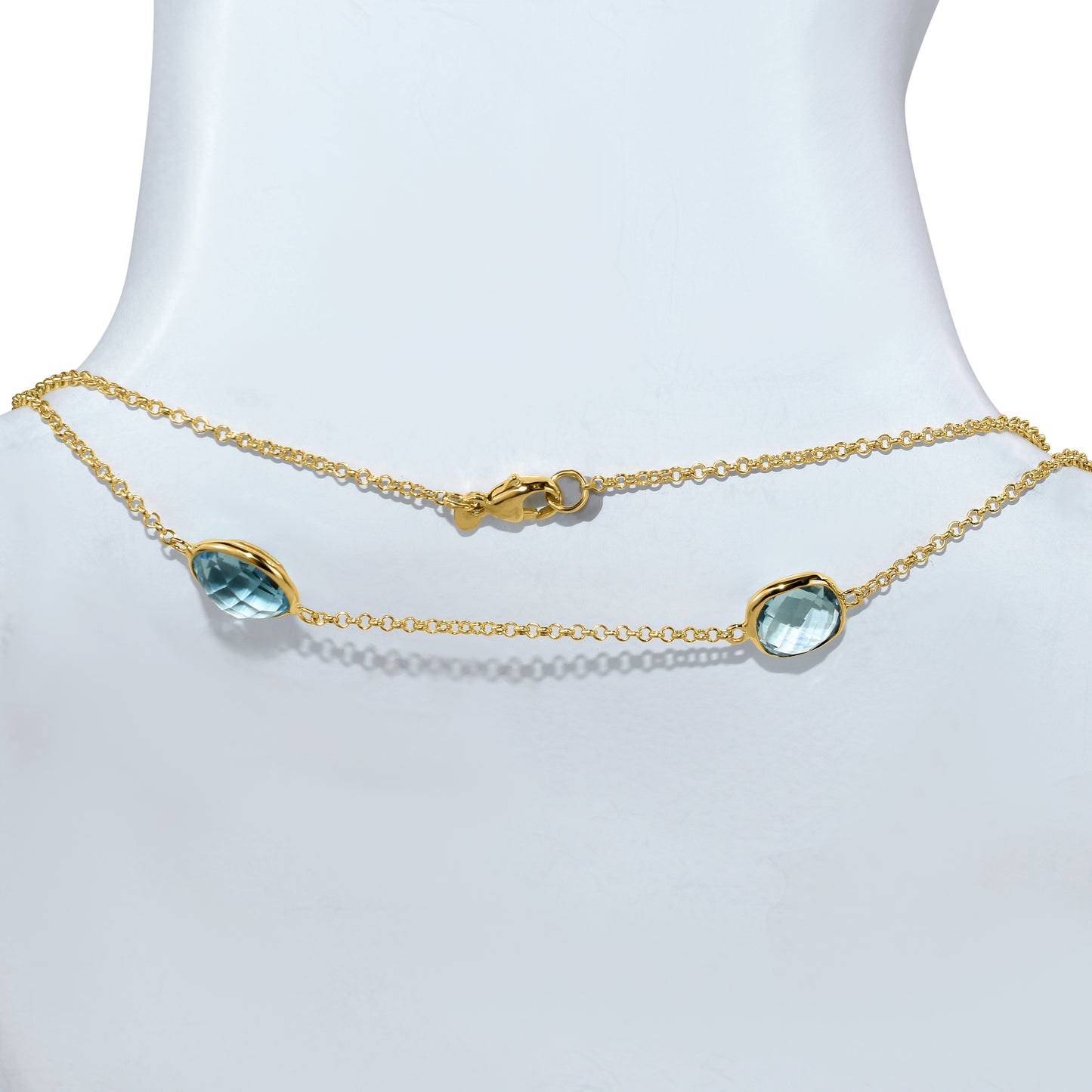 14k Blue Topaz Mixed Shape Bezel Station Necklace