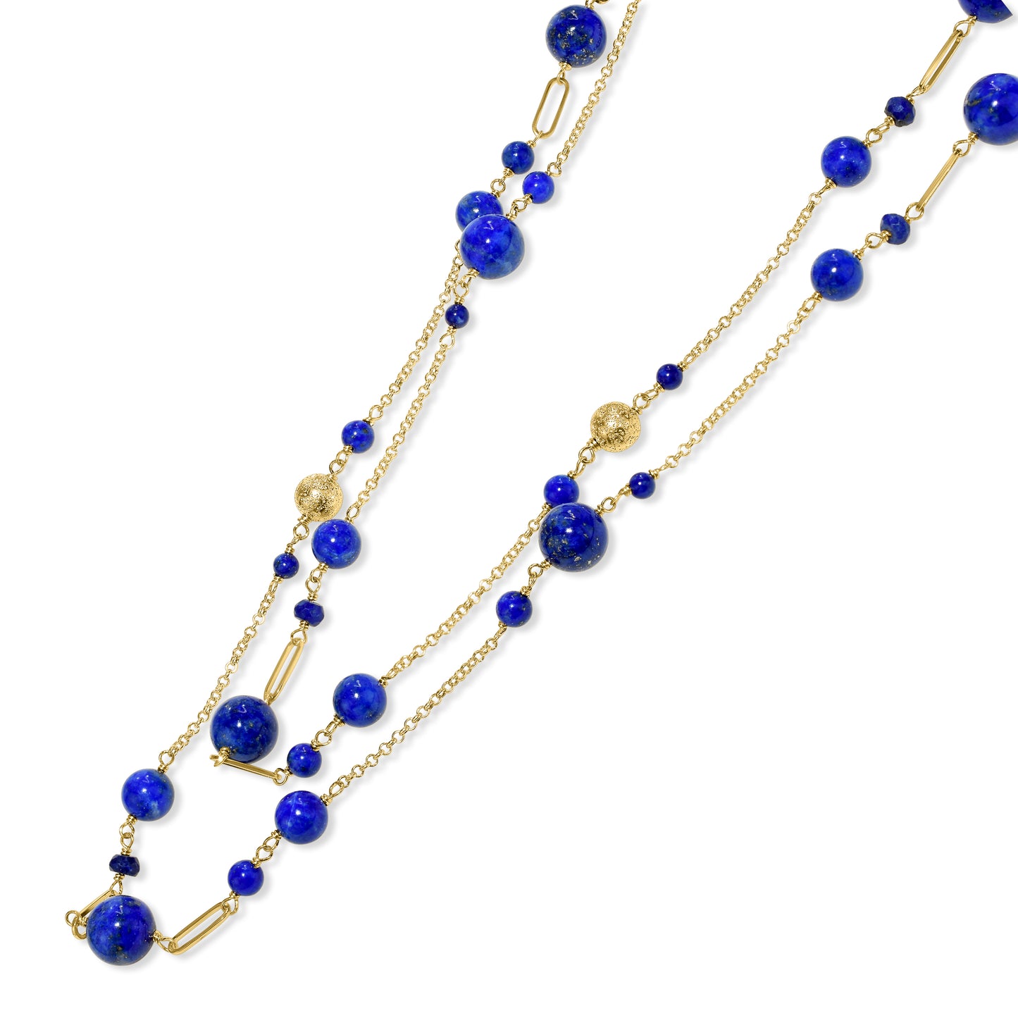 14k Lapis Paperclip Gold Ball Station Necklace