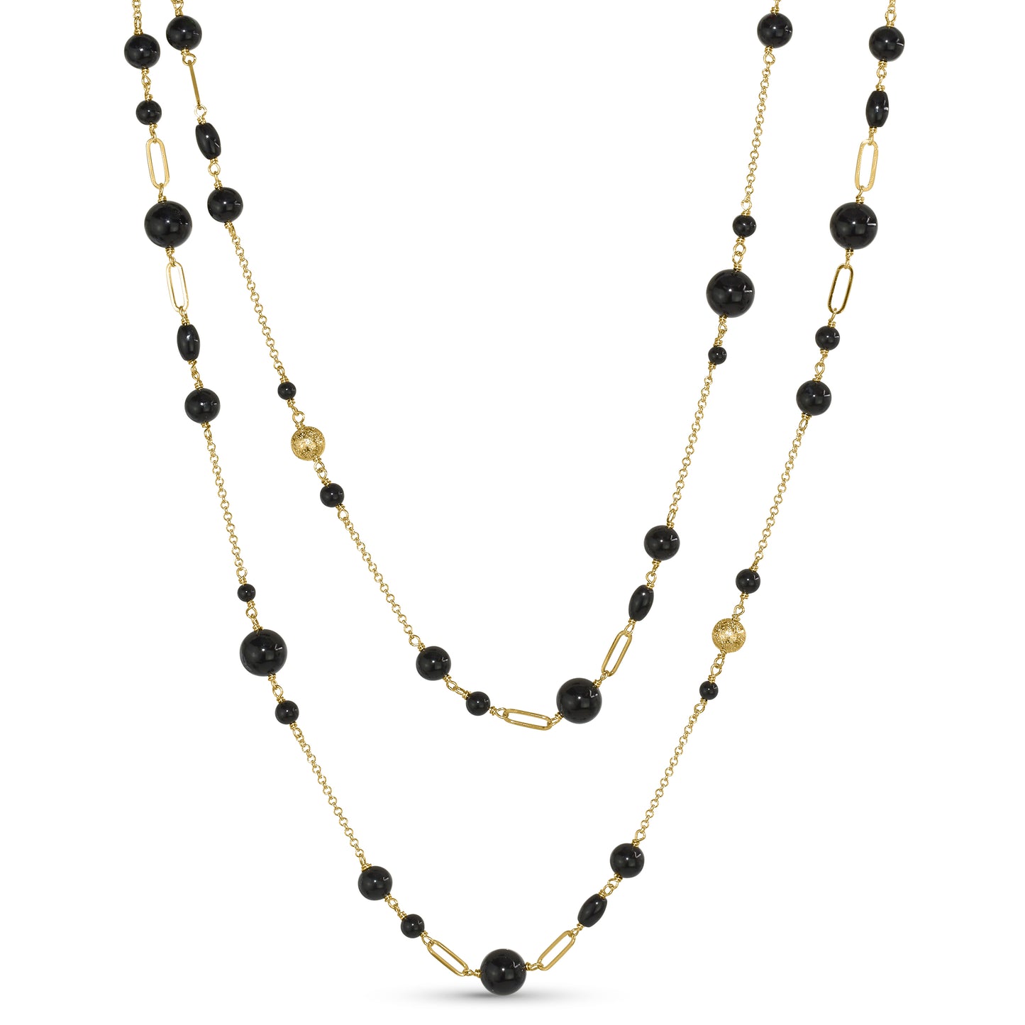 14k Black Onyx Paperclip Gold Ball Station Necklace