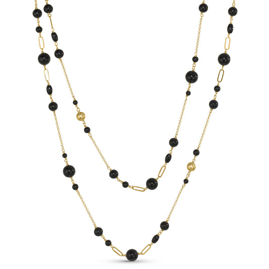 14k Black Onyx Paperclip Gold Ball Station Necklace