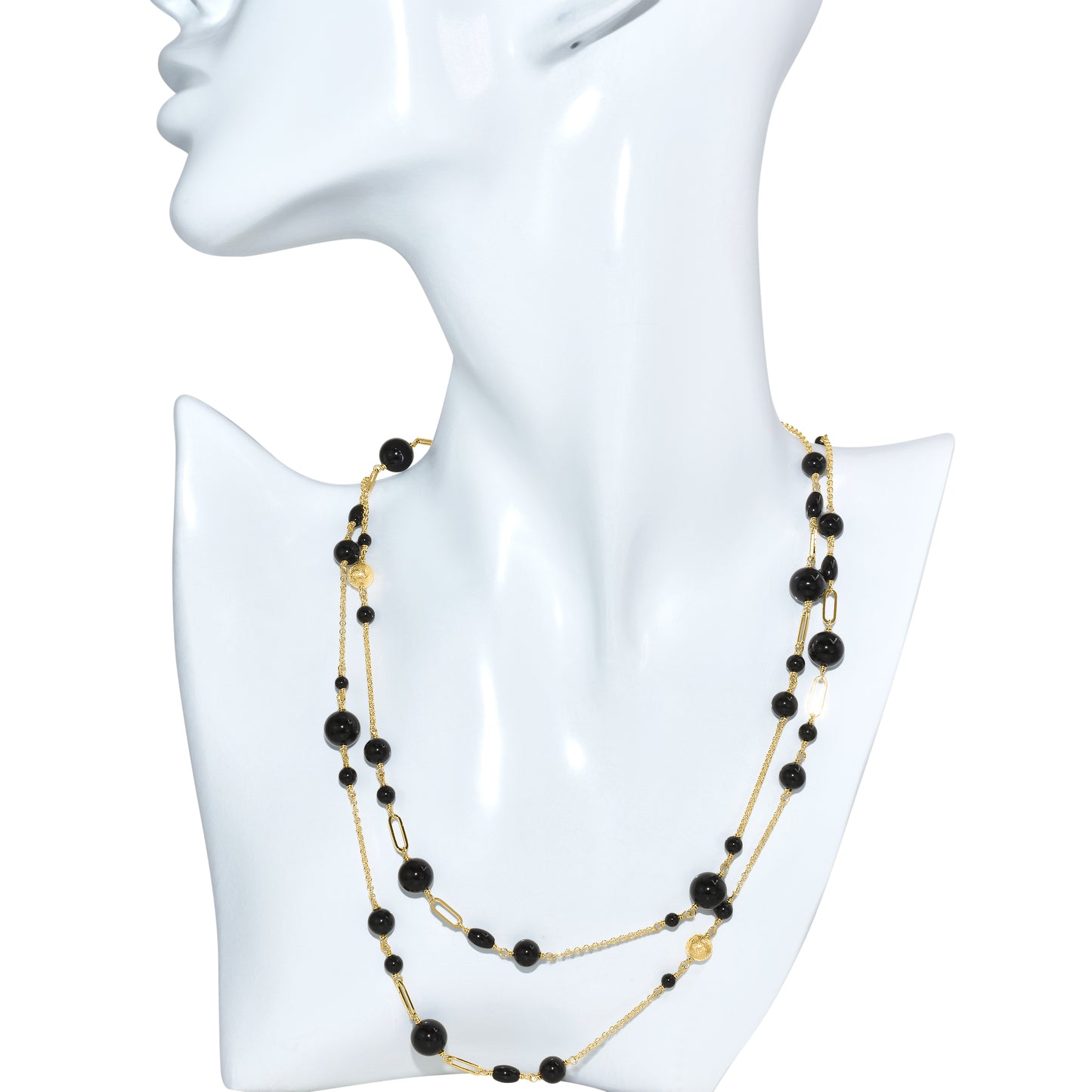 14k Black Onyx Paperclip Gold Ball Station Necklace