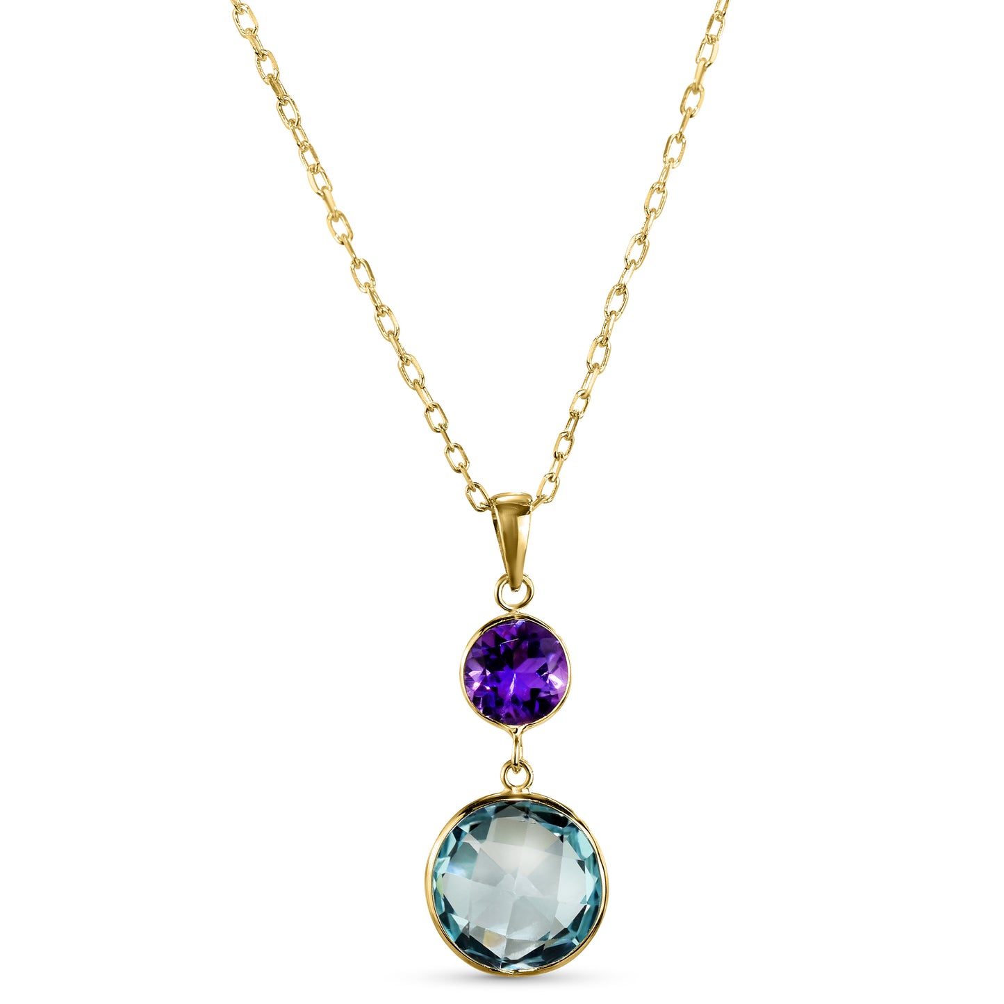 14k Amethyst Blue Topaz Round Bezel Pendant Necklace