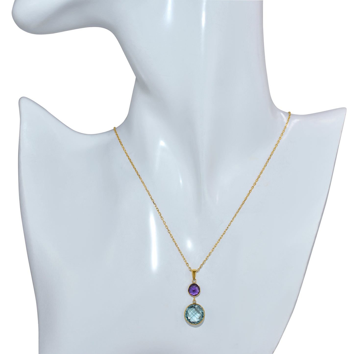 14k Amethyst Blue Topaz Round Bezel Pendant Necklace