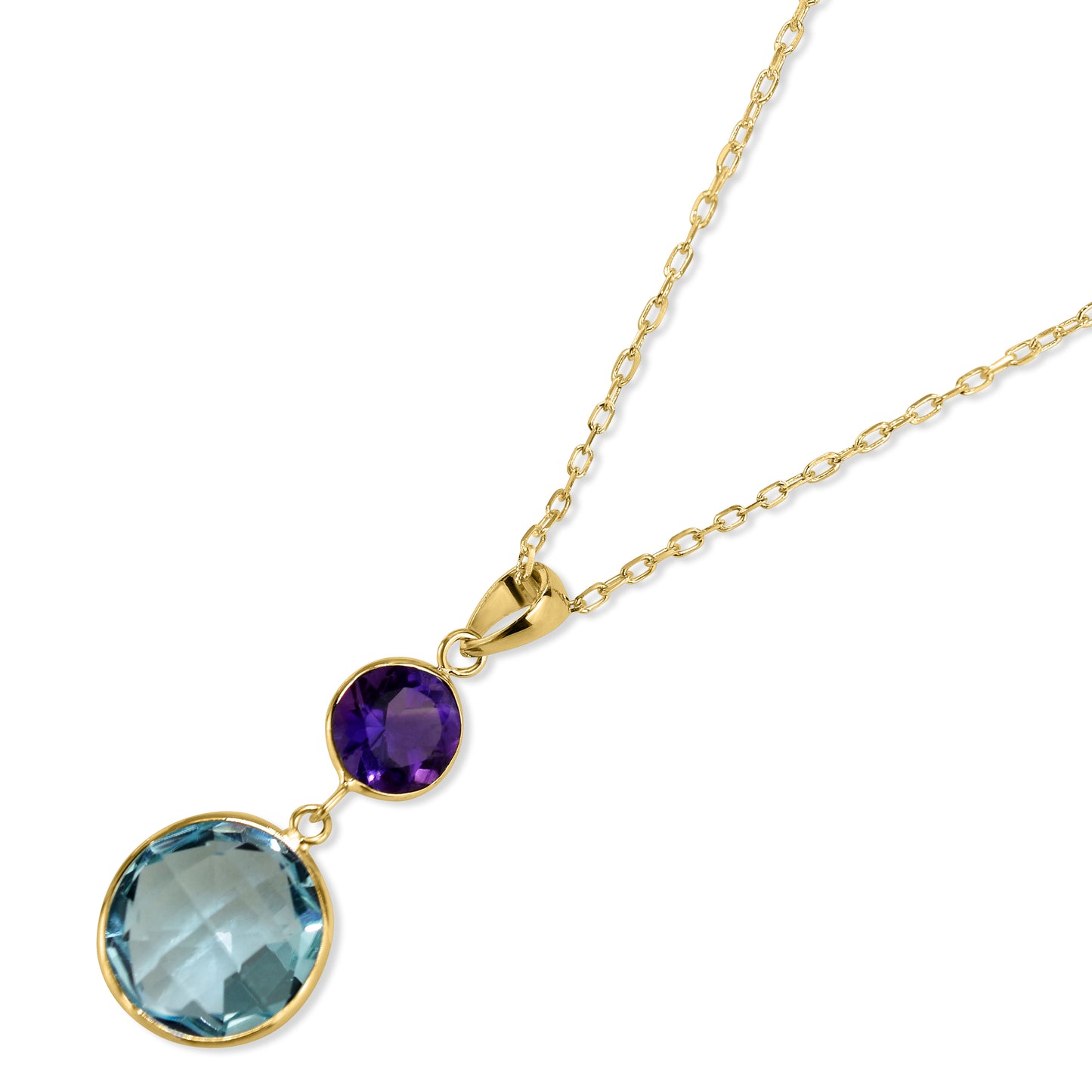 14k Amethyst Blue Topaz Round Bezel Pendant Necklace