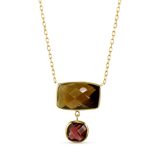 14k Smoky Quartz Garnet Pendant Necklace