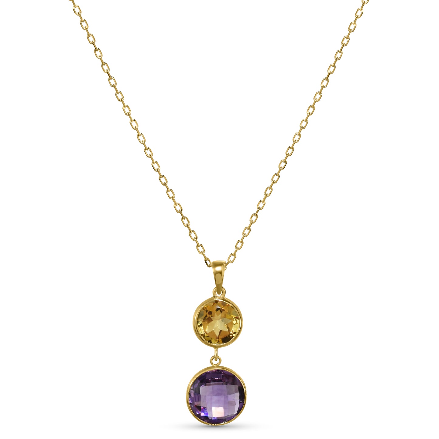 14k Citrine Amethyst Round Bezel Pendant Necklace