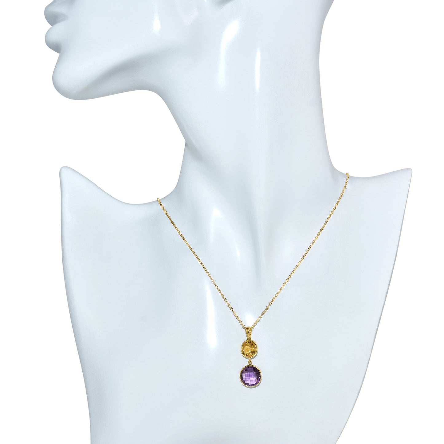 14k Citrine Amethyst Round Bezel Pendant Necklace