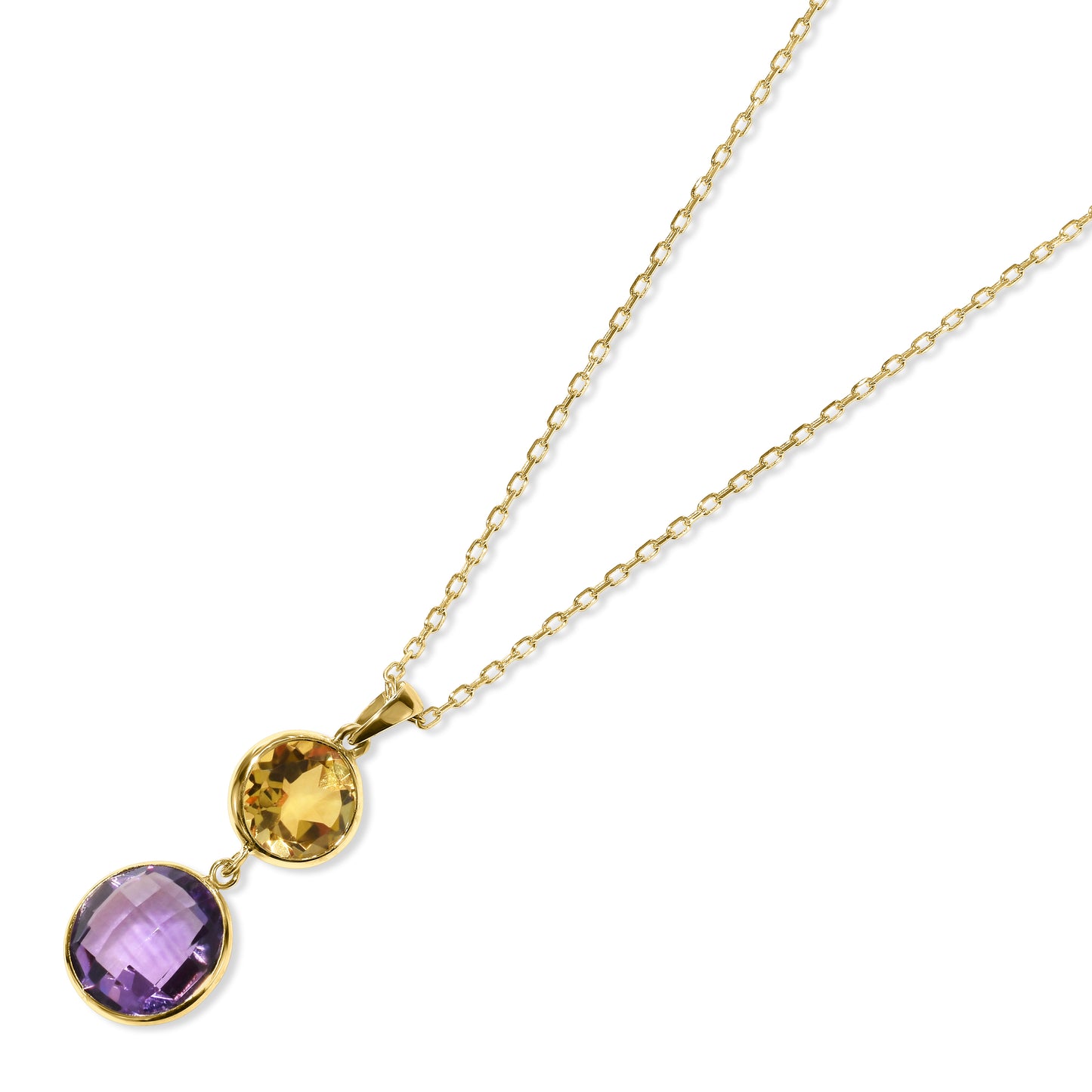 14k Citrine Amethyst Round Bezel Pendant Necklace