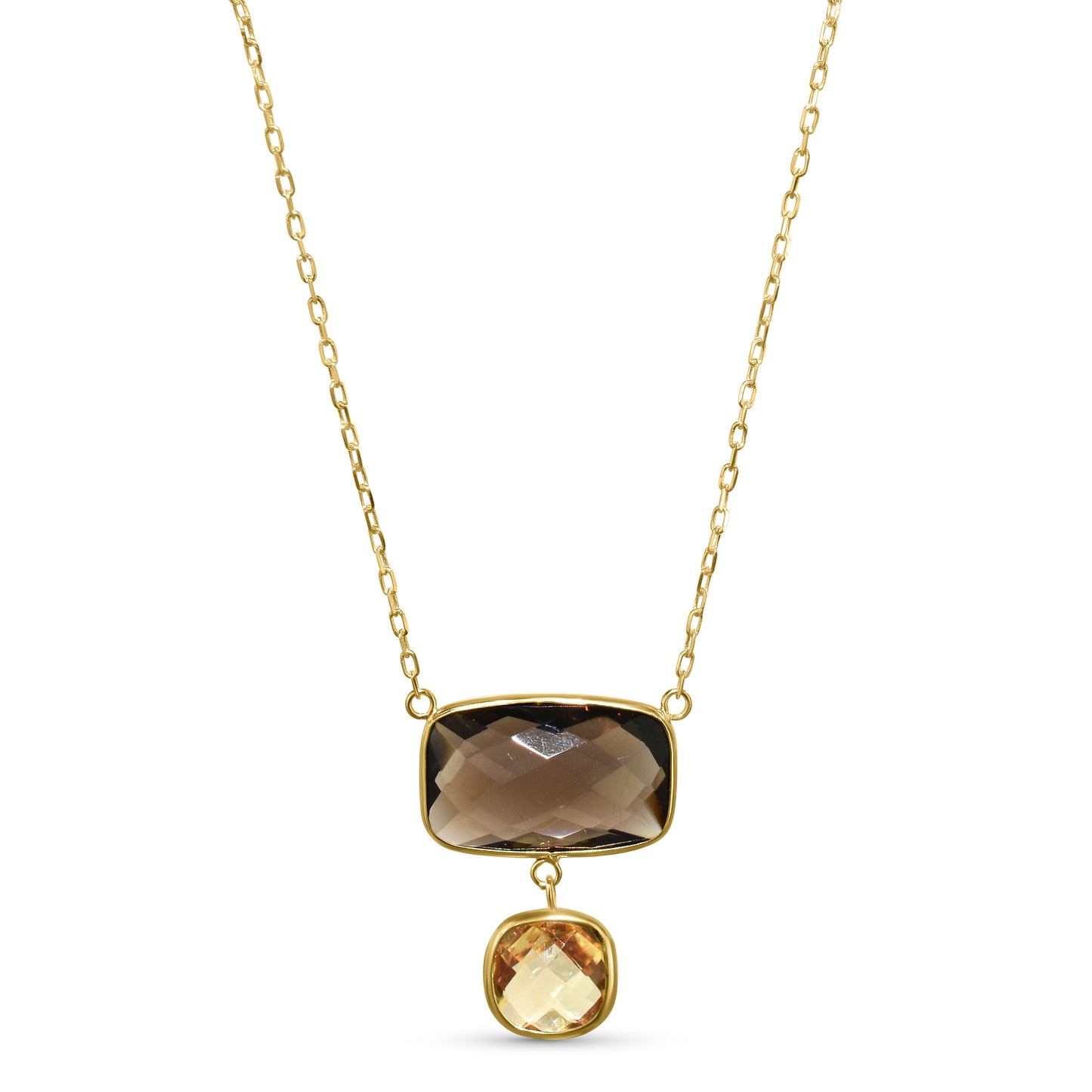 14k Smoky Quartz Citrine Cushion Pendant Necklace