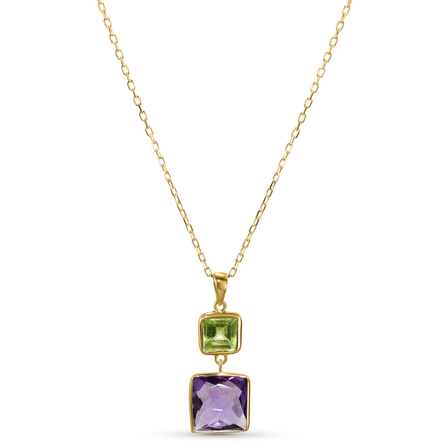 14k Peridot Amethyst Square Pendant Necklace