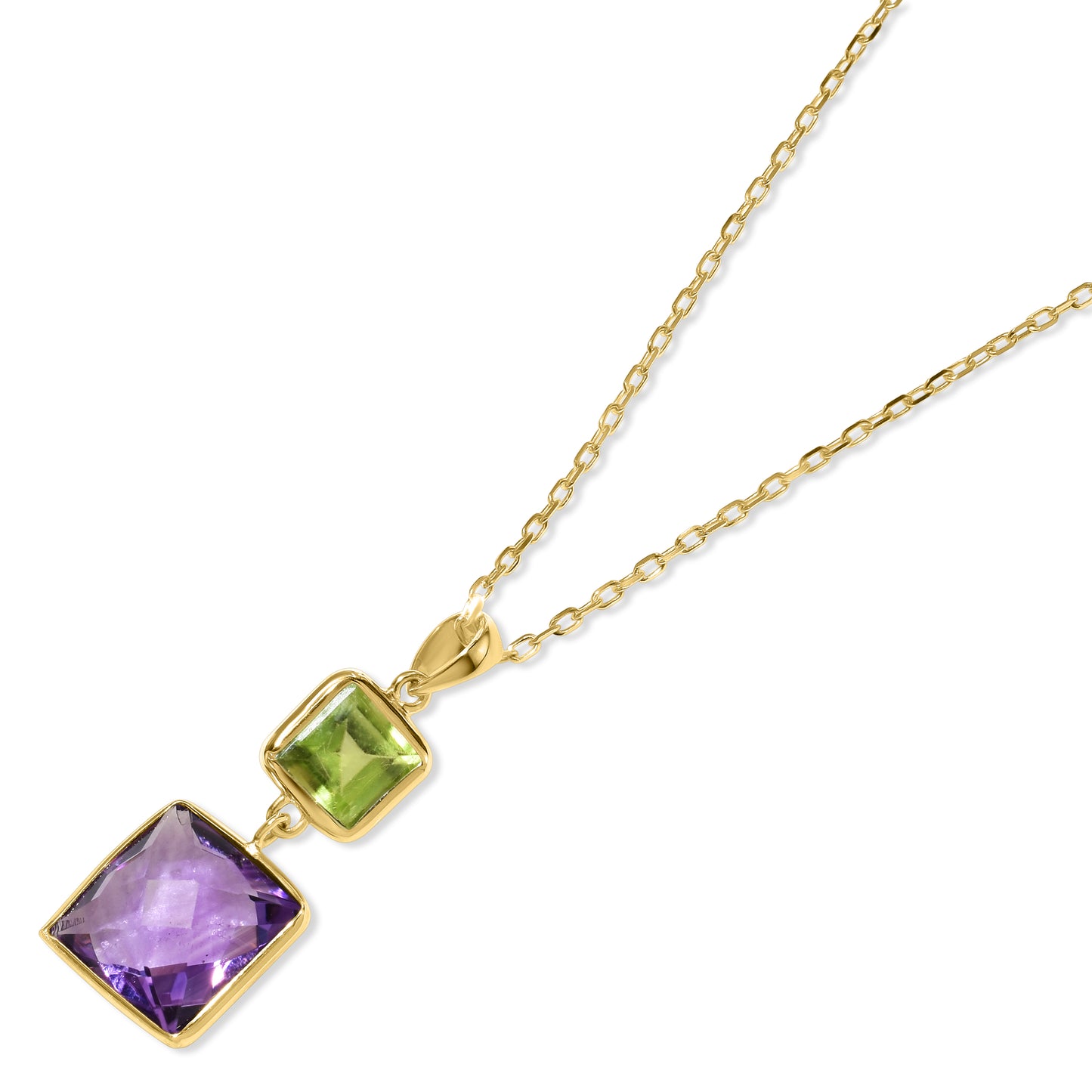 14k Peridot Amethyst Square Pendant Necklace