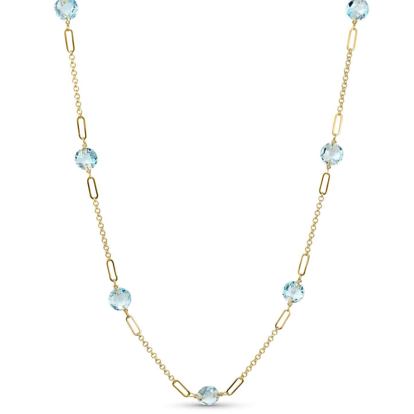 14k Blue Topaz Coin 9 Fancy Station Necklace