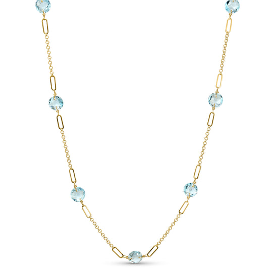 14k Blue Topaz Coin 9 Fancy Station Necklace