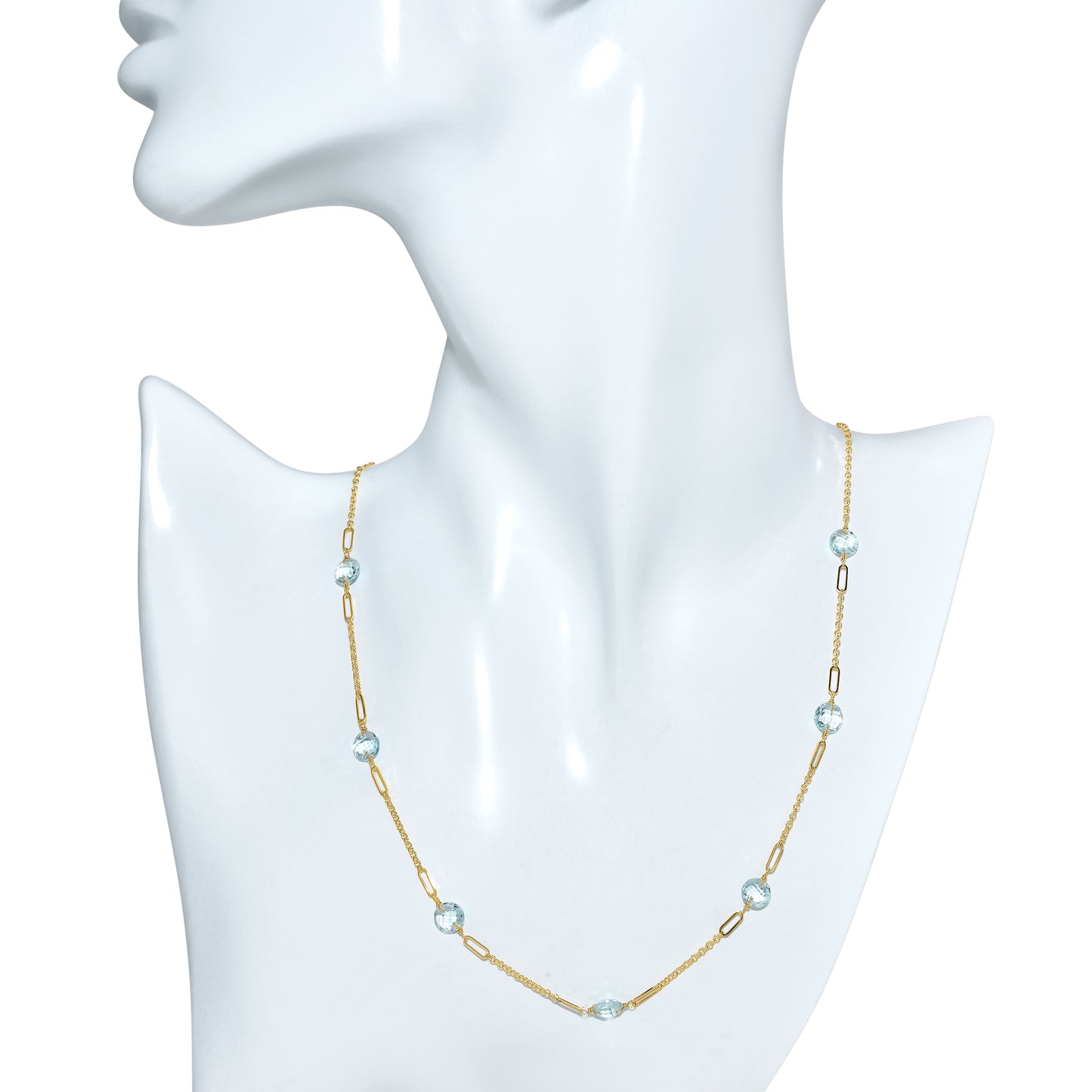 14k Blue Topaz Coin 9 Fancy Station Necklace