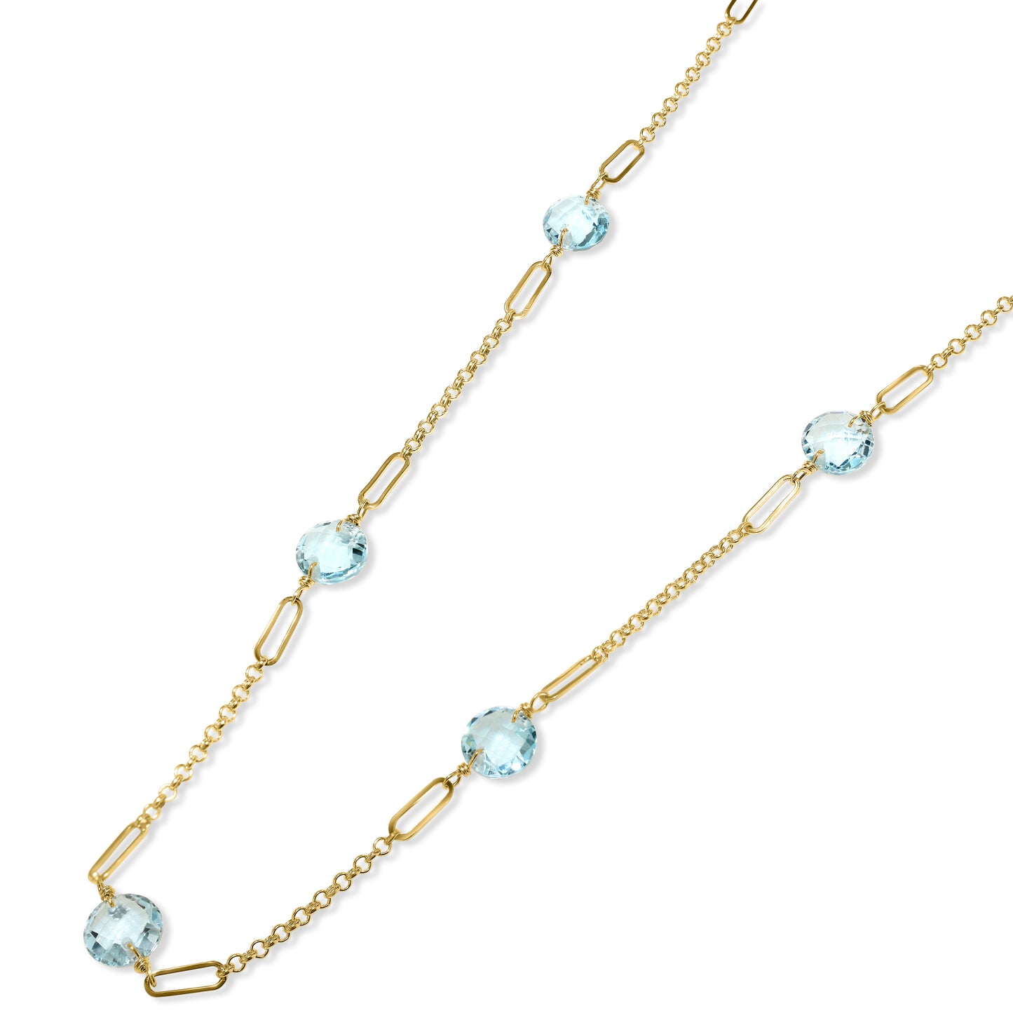 14k Blue Topaz Coin 9 Fancy Station Necklace