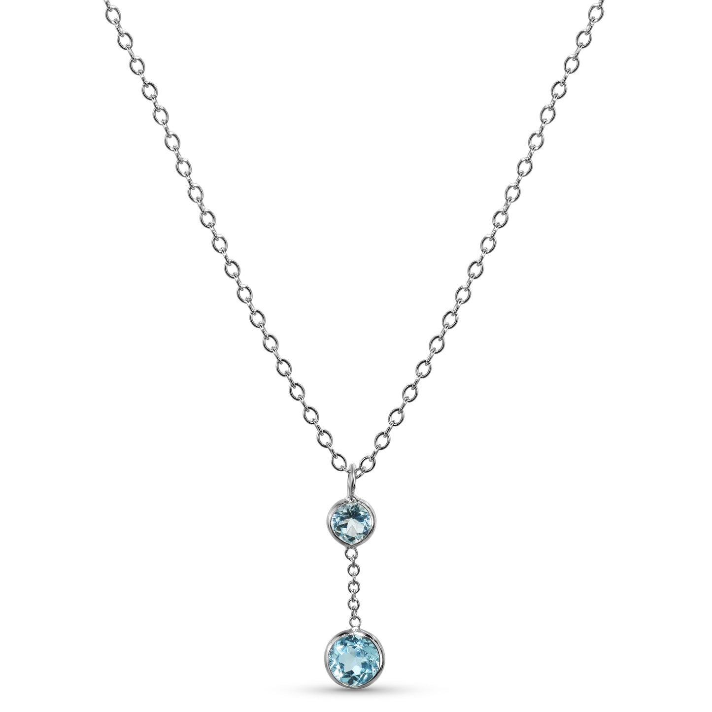 14k White Gold Swiss Blue Topaz Round Bezel Pendant Necklace