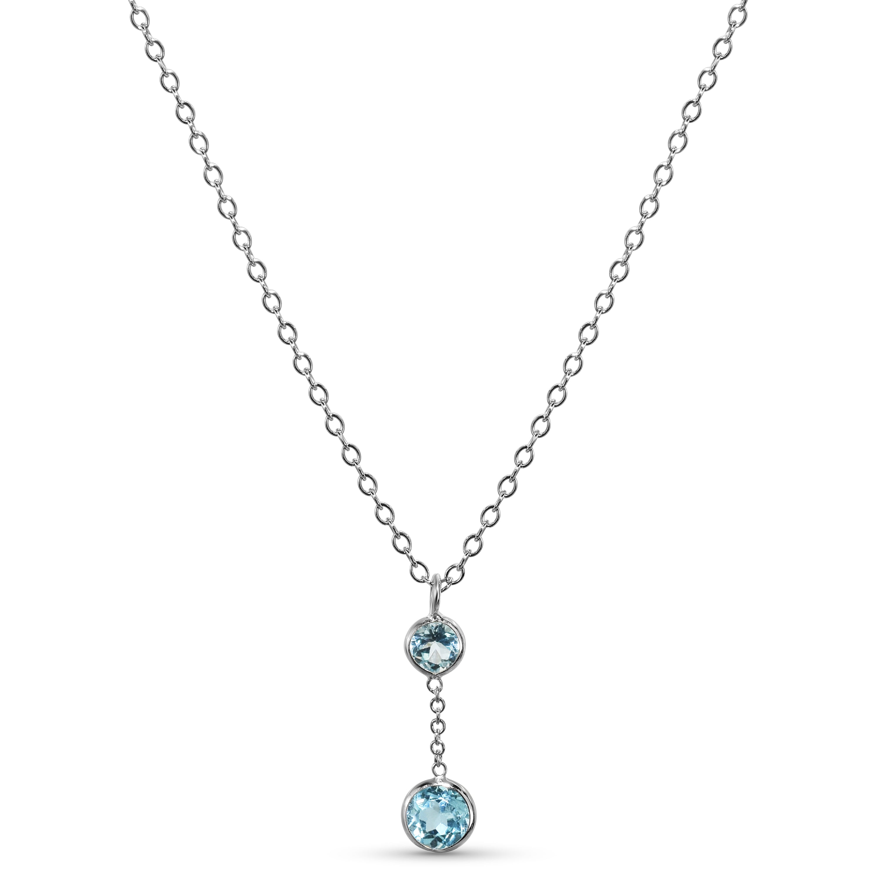 14k White Gold Swiss Blue Topaz Round Bezel Pendant Necklace