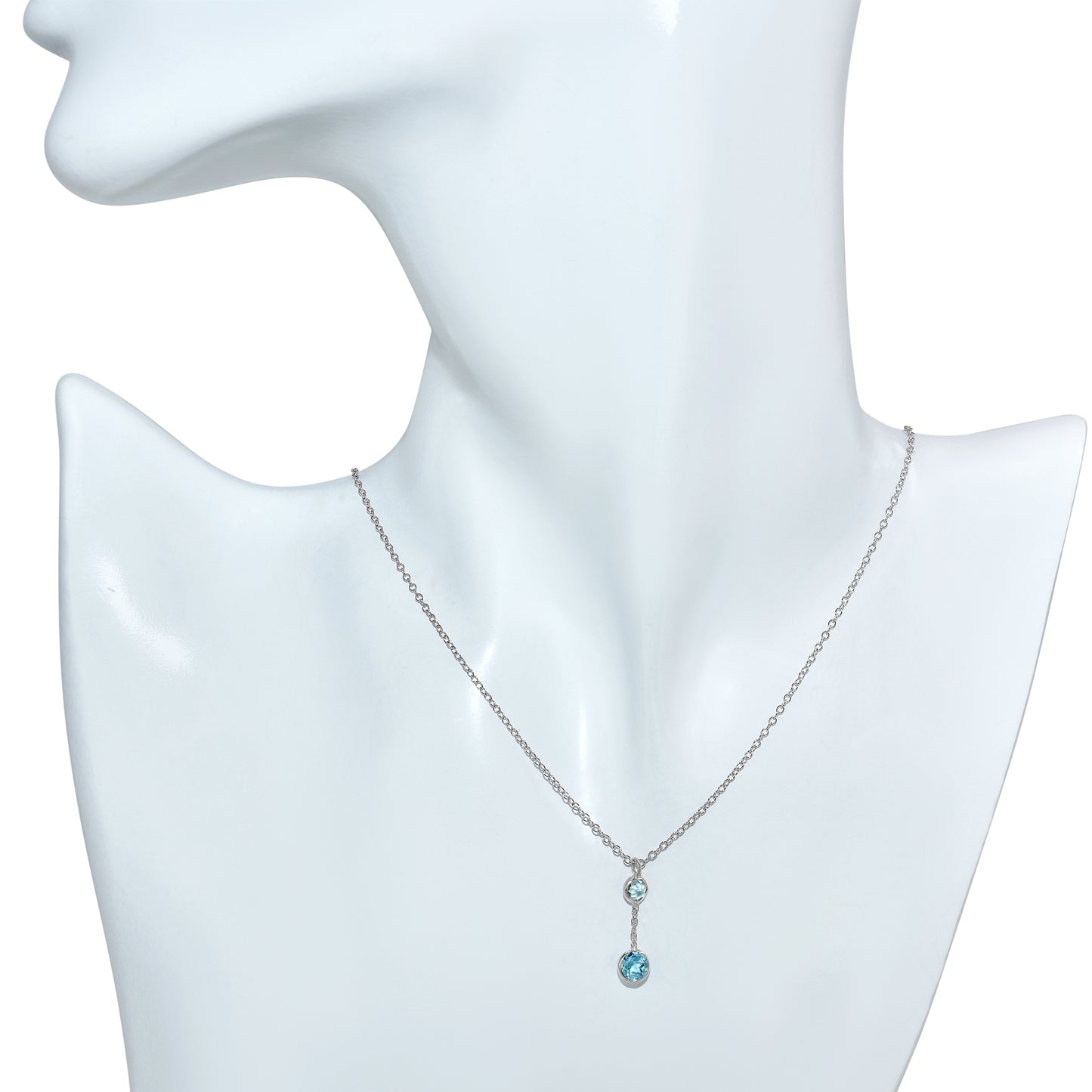 14k White Gold Swiss Blue Topaz Round Bezel Pendant Necklace