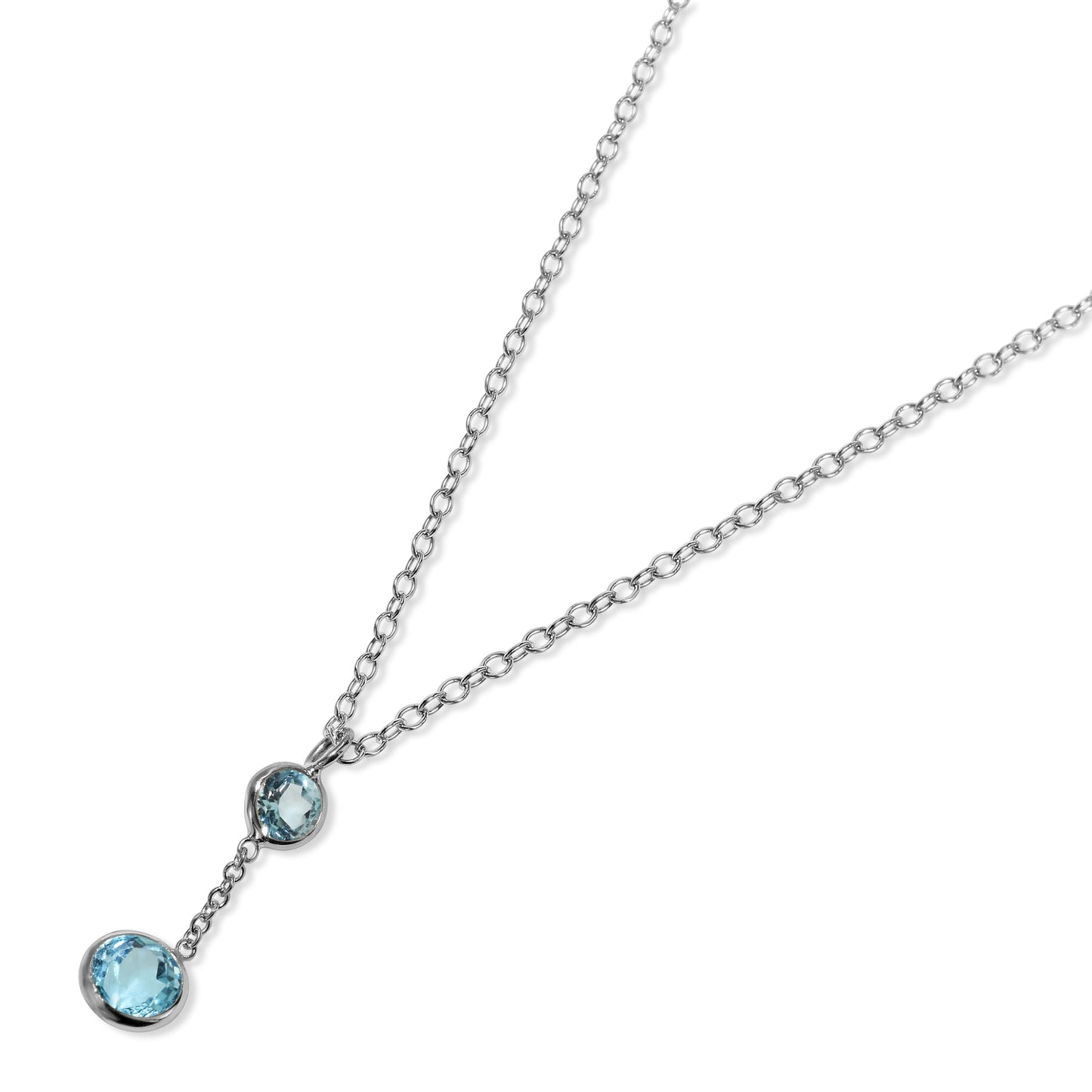 14k White Gold Swiss Blue Topaz Round Bezel Pendant Necklace