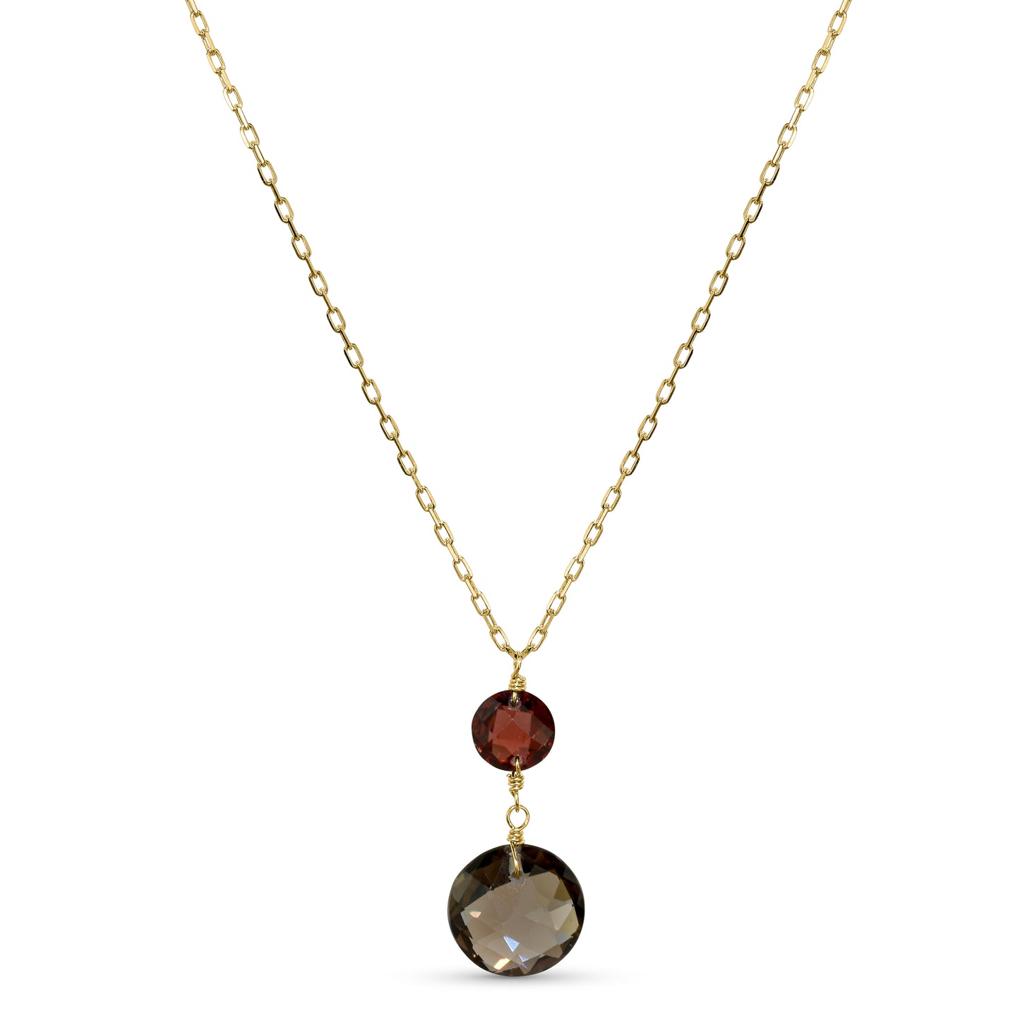 14k Garnet Smoky Quartz Coin Pendant Necklace