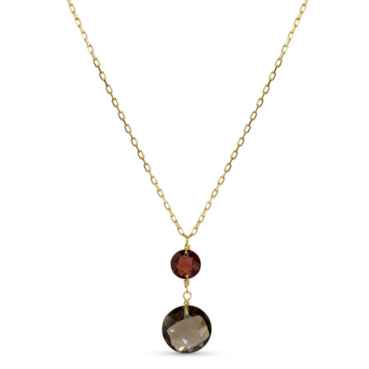 14k Garnet Smoky Quartz Coin Pendant Necklace