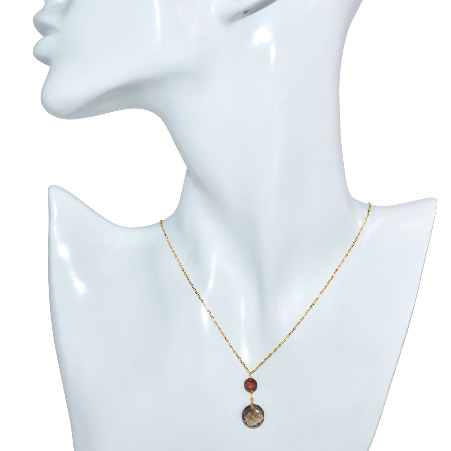 14k Garnet Smoky Quartz Coin Pendant Necklace