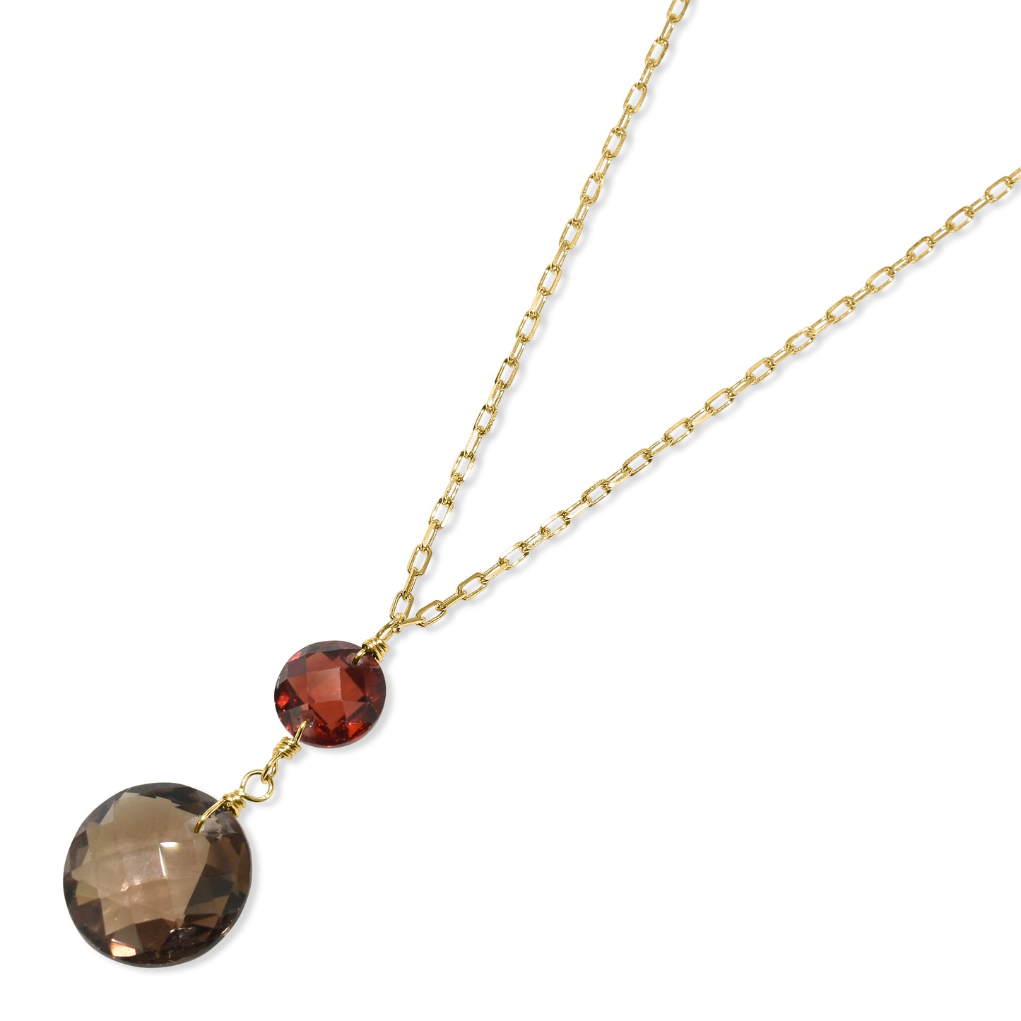 14k Garnet Smoky Quartz Coin Pendant Necklace