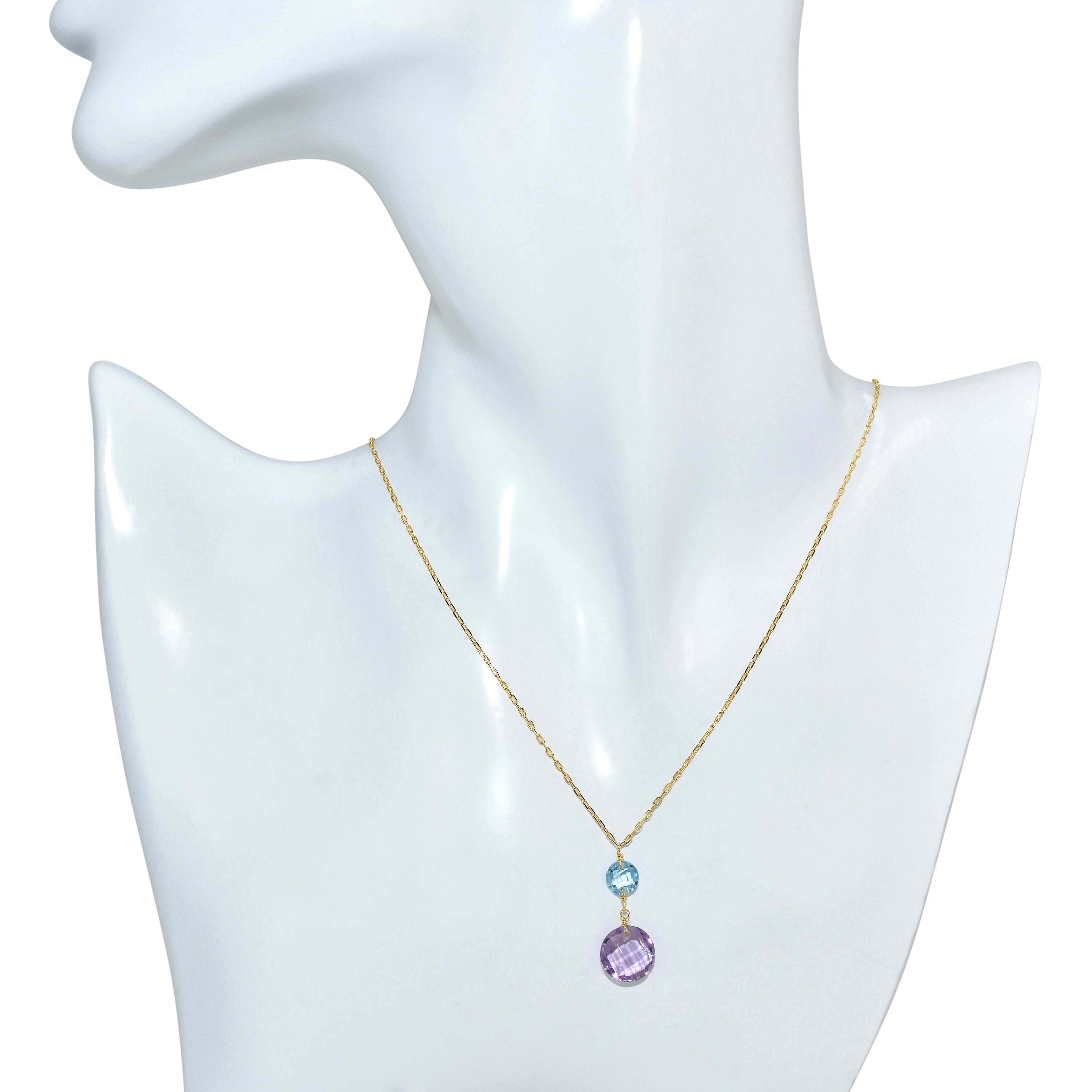 14k Swiss Blue Topaz Amethyst Coin Pendant Necklace