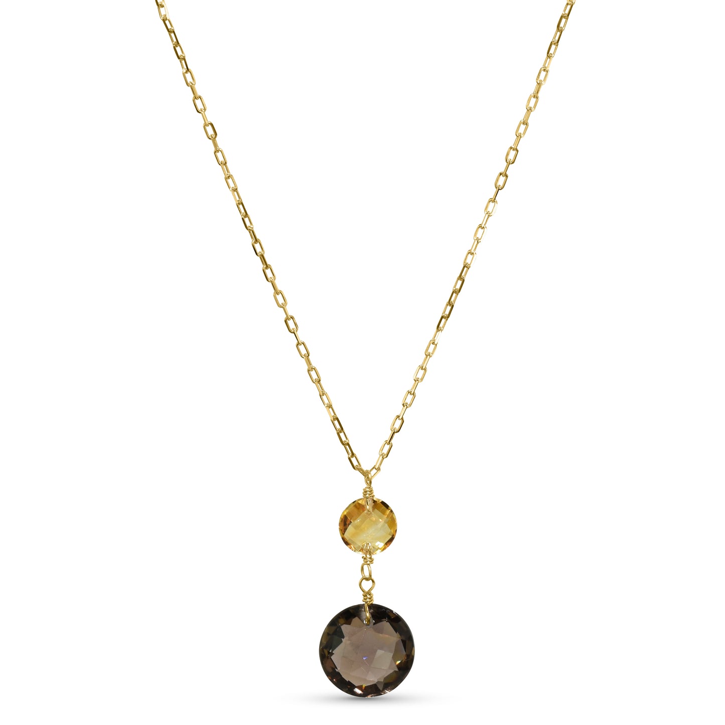 14k Citrine Smoky Quartz Coin Pendant Necklace