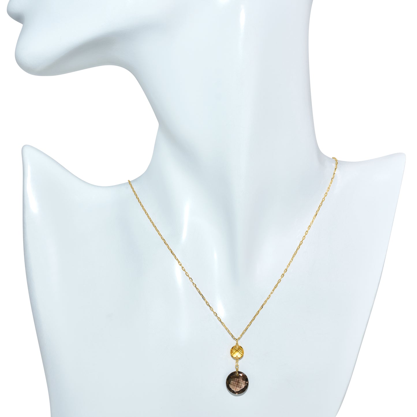 14k Citrine Smoky Quartz Coin Pendant Necklace