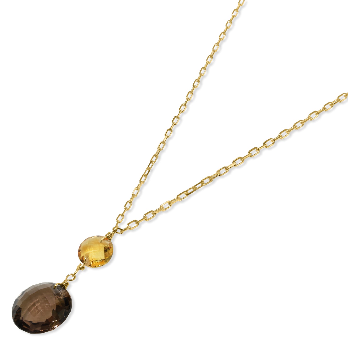 14k Citrine Smoky Quartz Coin Pendant Necklace