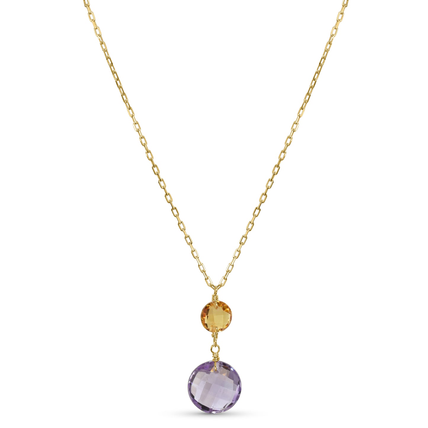 14k Citrine Amethyst Coin Pendant Necklace