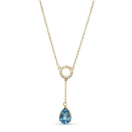 14k Swiss Blue Topaz Diamond Open Circle Y Necklace