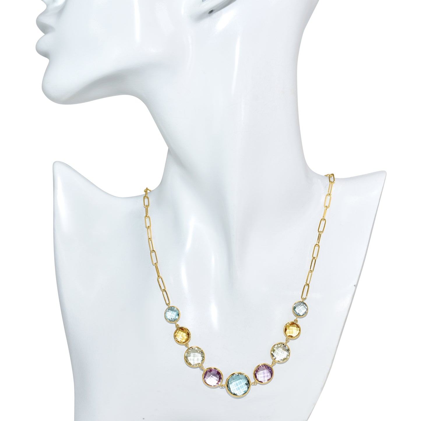 14k Multi Gem 9 Round Bezel Paperclip Necklace
