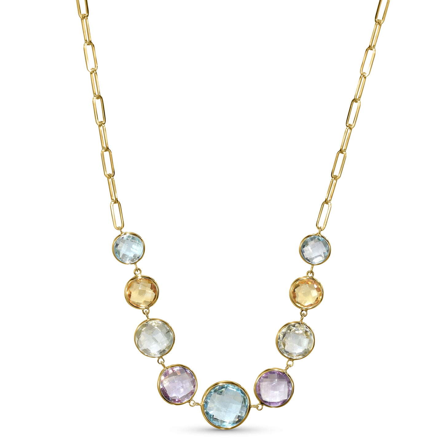 14k Multi Gem 9 Round Bezel Paperclip Necklace