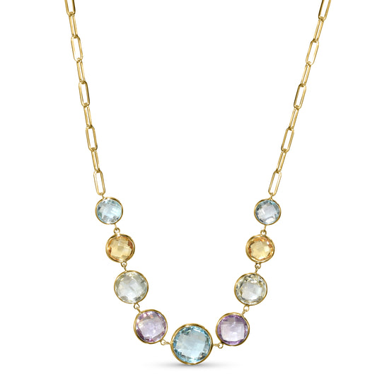14k Multi Gem 9 Round Bezel Paperclip Necklace