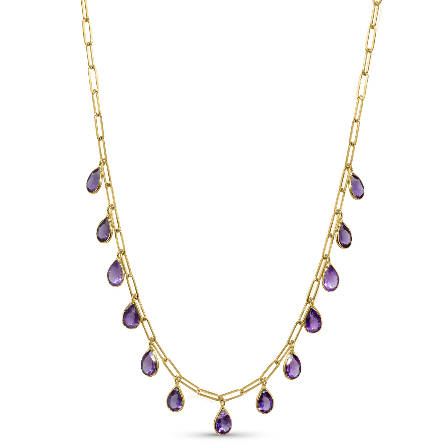 14k Amethyst 13 Pear Drop Paperclip Necklace